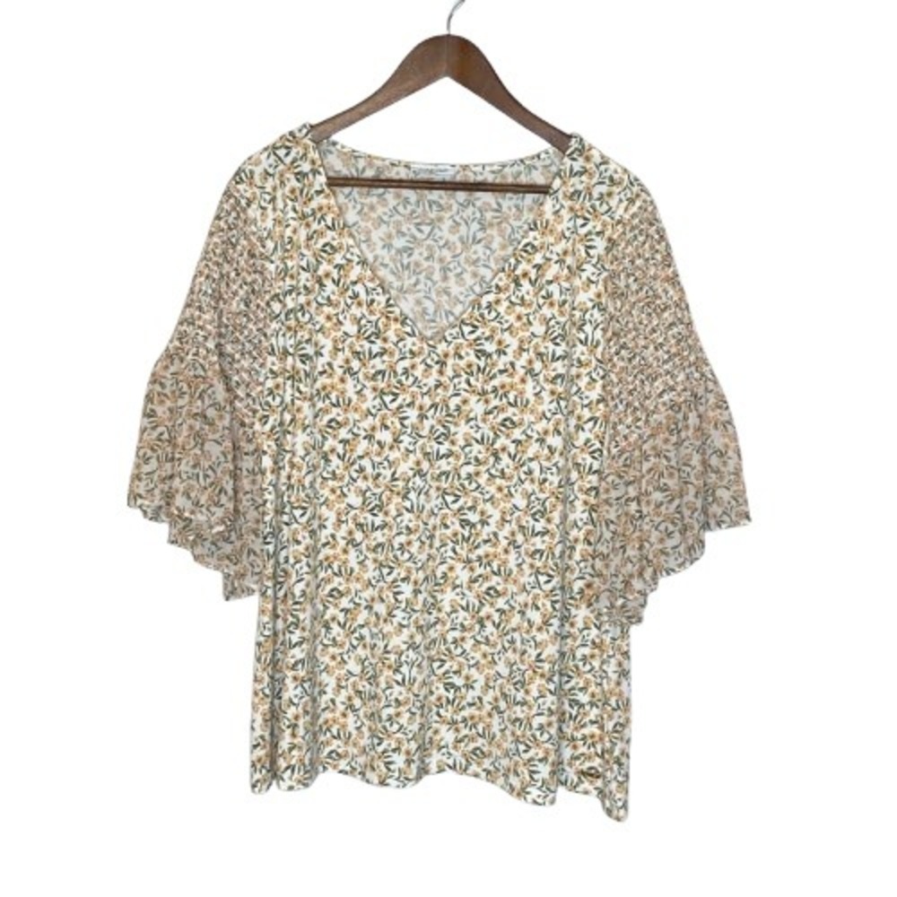 Calvin Klein Womens Floral Smocked Flare Sleeve Blouse Top Size 2X Feminine Boho